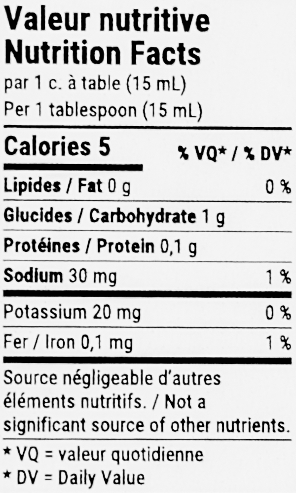 Produit-Bruschetta à l'épinette-Valeur nutritive